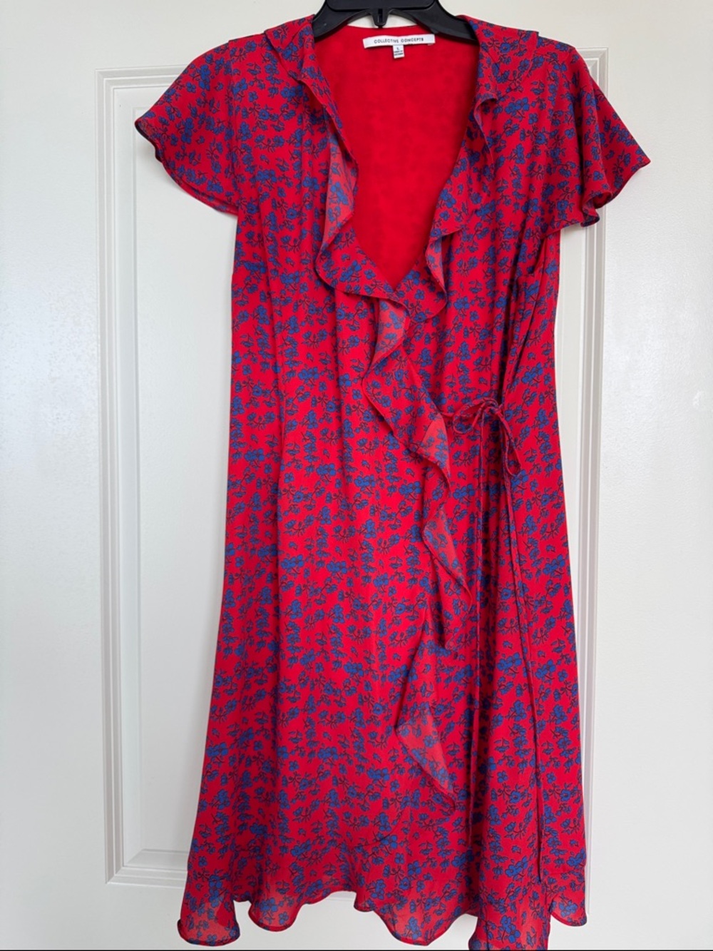 Bright Red Floral Wrap Dress with Ruffle Trim